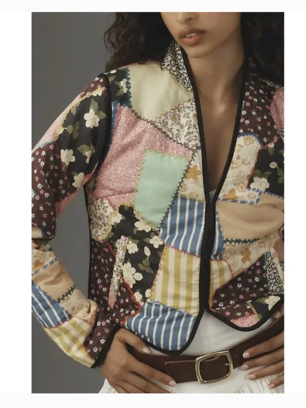 Anthropologie Patchwork Quilted Jacket Small Floral Stripe Boho Cottagecore